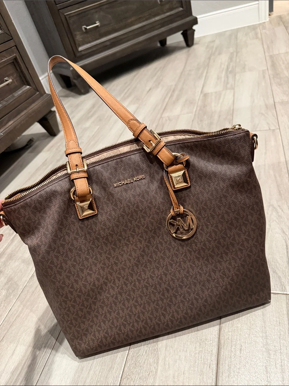 Michael Kors Brown Logo-Print Tote with Tan Straps